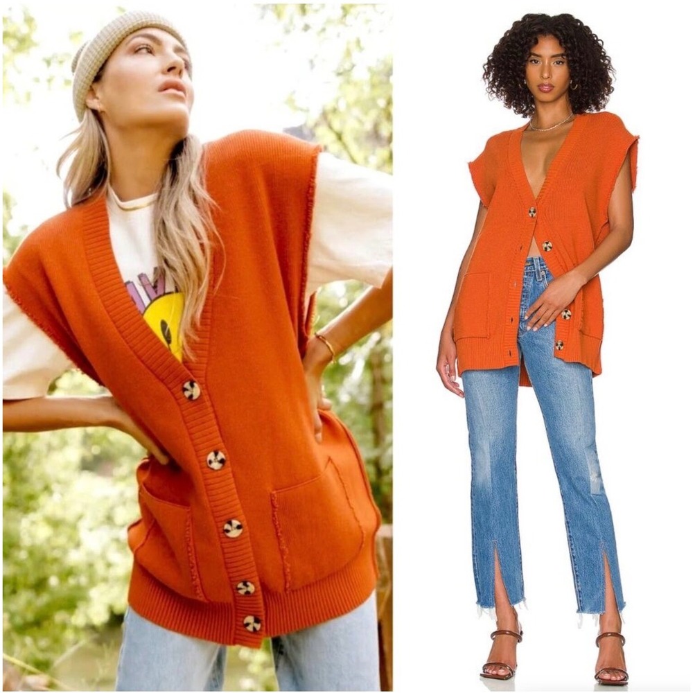 Free‎ People Orange Oversized Cardigan Sweater Vest Ribbed Knit Button Front M